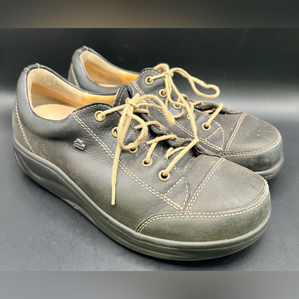 Finn Comfort- Black Leather Casual Shoes With Tan Laces,Some Wear, Size:4-1/2